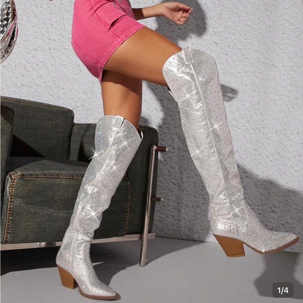 SHEIN Sparkling Knee-High Western Booties in Silver Glitter